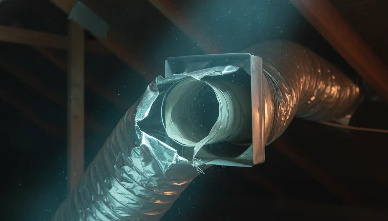 A flexible duct that has pulled away from its sheet-metal boot in an attic