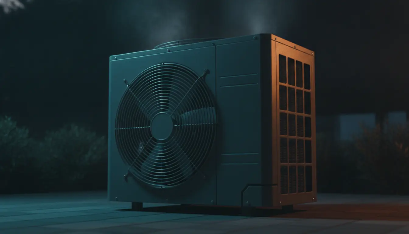 An outdoor air conditioning condenser unit at night