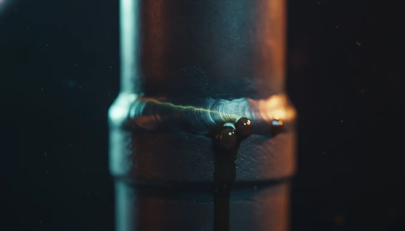An oily residue stain at a brazed copper refrigerant fitting